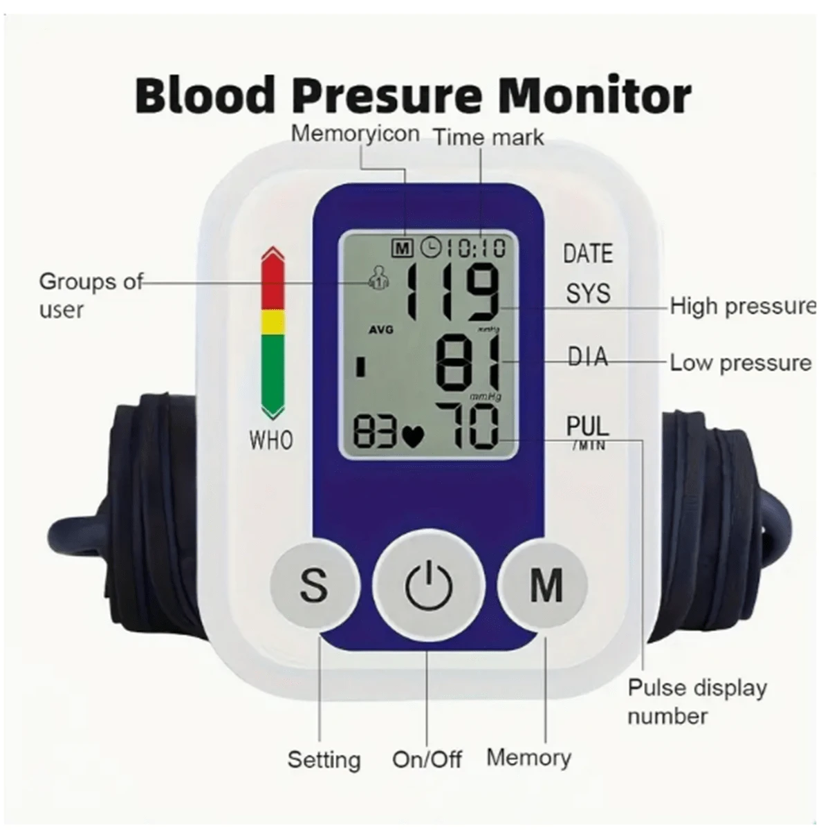 1pc Automatic Blood Pressure Monitor, Arm-Type Blood Pressure Meter, Neutral English Blood Pressure Monitor, USB Powered - This Product Does Not Include Batteries! - Multicolor - View 2
