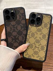 豪華皮革花卉印刷玻璃鏡頭保護手機殼 - 卡其色 - 查看 3