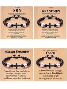 1 件運動風格和串珠手鍊,帶啞光黑石和足球吊飾,由媽媽手工製作,帶祝福語。送給兒子和女兒的完美禮物