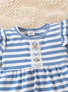 嬰兒女童圓領條紋短袖上衣，飾有荷葉邊設計配褶邊褲裝 - 藍色 - 查看 3