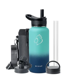 BUZIO Leakproof Insulated Water Bottle With 3 Caps, Double Wall Stainless Steel Modern Simple Thermo Flasks With Carrying Pouch