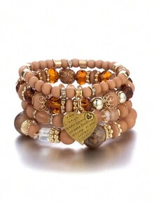 波西米亞風格4入組歐美時尚多層水晶心型珠寶鏈手鏈套裝，女款 - 彩色 - 查看 4