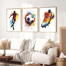 3pcs Bez Ramki Płótna Poster Abstrakcyjny Piłka nożna Sportowiec Sztuka ścienna Nowoczesny  Akwarela Piłka nożna Nadruk Idealny Prezent Dla Sypialnia Dekoracje Salon Dekoracje Rama