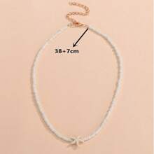 1pc Bohemian Style Rice Bead Necklace With Starfish & Beads, Beach Inspired Clavicle Chain - White - View 2