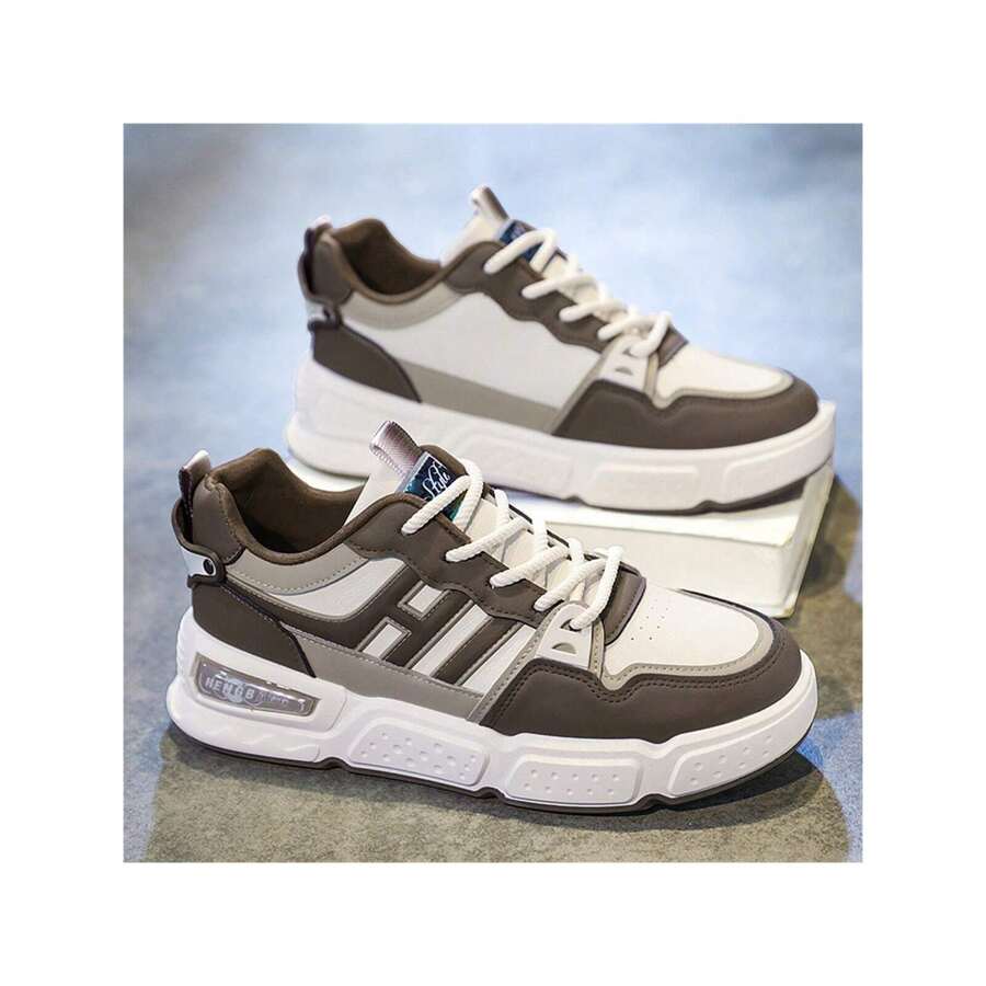 2024條紋帆布運動鞋,厚底設計,秋冬季,時尚多變青少年男生設計 - 棕色 - 查看 1