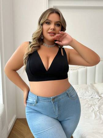 Women's Simple Bra, Plus Size Solid Triangle Cup Wireless Longline French Bralette