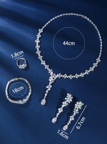 4入組銀色時尚立體鑽石星空珠寶套裝,包含項鍊,耳環,手鏈和開口戒指,適合女性日常佩戴 - 銀色 - 查看 2