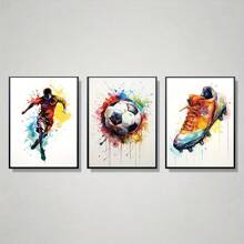 3pcs Bez Ramki Płótna Poster Abstrakcyjny Piłka nożna Sportowiec Sztuka ścienna Nowoczesny  Akwarela Piłka nożna Nadruk Idealny Prezent Dla Sypialnia Dekoracje Salon Dekoracje Rama