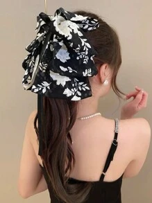 1 件大号发夹，女士织物黑白花朵印花发夹，可爱发夹，发夹，发夹，接发夹，学校用品，学院秋冬发夹，女士蝴蝶结度假装发饰 - 黑與白 - 查看 4