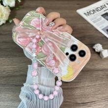 Tulip Flower Pattern Iphone Protective Case, With A Pink Beaded Bracelet And A Silicone Phone Case, Compatible With Iphone 15/15 Pro/15 Pro Max/14/13/12/11/Xsmax Series
