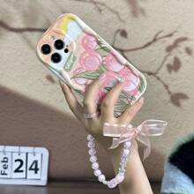 Tulip Flower Pattern Iphone Protective Case, With A Pink Beaded Bracelet And A Silicone Phone Case, Compatible With Iphone 15/15 Pro/15 Pro Max/14/13/12/11/Xsmax Series