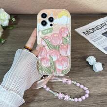 Tulip Flower Pattern Iphone Protective Case, With A Pink Beaded Bracelet And A Silicone Phone Case, Compatible With Iphone 15/15 Pro/15 Pro Max/14/13/12/11/Xsmax Series