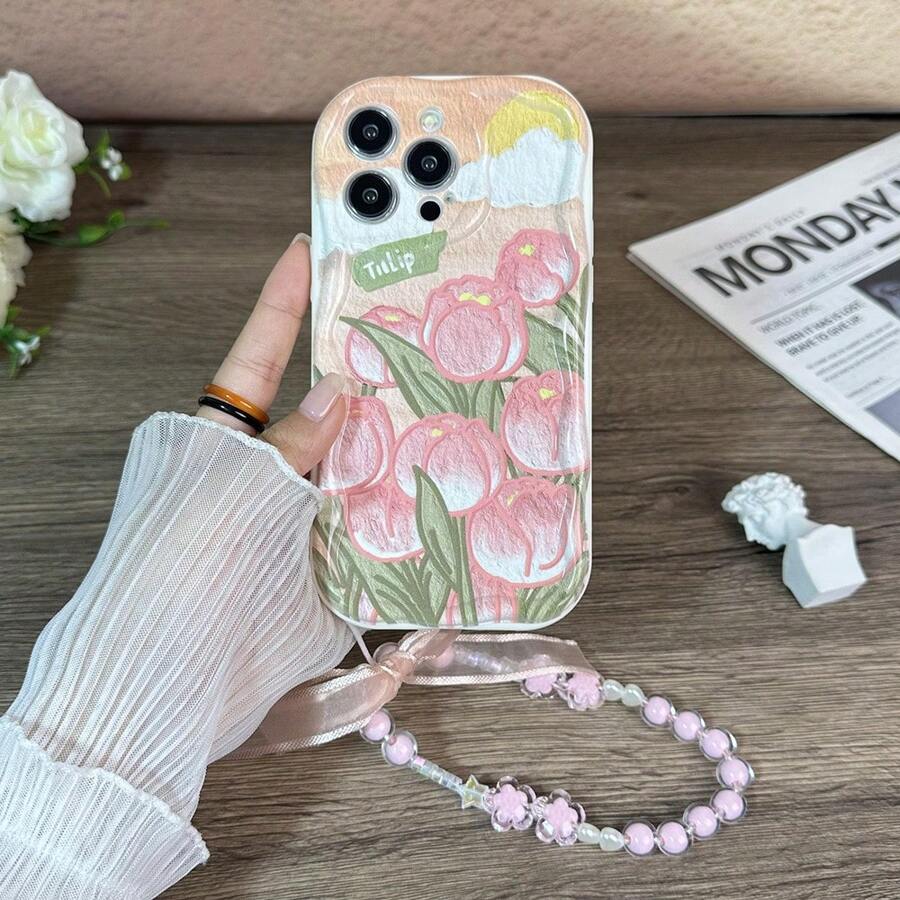 Tulip Flower Pattern Iphone Protective Case, With A Pink Beaded Bracelet And A Silicone Phone Case, Compatible With Iphone 15/15 Pro/15 Pro Max/14/13/12/11/Xsmax Series