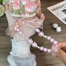 Tulip Flower Pattern Iphone Protective Case, With A Pink Beaded Bracelet And A Silicone Phone Case, Compatible With Iphone 15/15 Pro/15 Pro Max/14/13/12/11/Xsmax Series