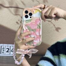 Tulip Flower Pattern Iphone Protective Case, With A Pink Beaded Bracelet And A Silicone Phone Case, Compatible With Iphone 15/15 Pro/15 Pro Max/14/13/12/11/Xsmax Series