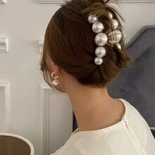 1 pieza Pinza de pelo de color albaricoque elegante y de moda con una gran perla falsa, estilo pinza de pelo, adecuado para uso diario, citas y vacaciones