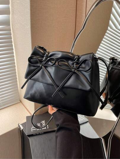 Bow Decor 1pc Black Drawstring Pleated Bow Knot Decor Pu Material Flap Zippered Shoulder Bag With Adjustable Strap, Suitable For Daily Commuting Outfits Use, Japanese Bag