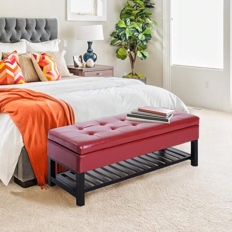 Red Storage Ottoman Bench Foot Stool Shoe Rack Faux Leather