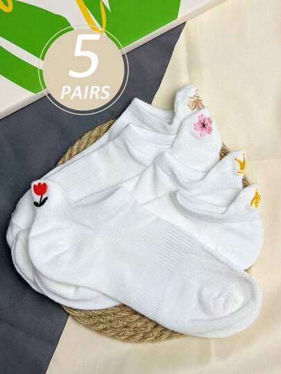 5 双女士柔软透气隐形袜，带有皇冠、蝴蝶结、蜜蜂、梅花等小刺绣图案，舒适防滑，适合夏季日常穿着