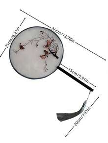 KAQILIAN 1pc Round Shape Single Side Embroidery Bird Decor Fan With Long Handle And Tassel For Vintage Chinese Style - Multicolor - View 2