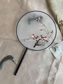 KAQILIAN 1pc Round Shape Single Side Embroidery Bird Decor Fan With Long Handle And Tassel For Vintage Chinese Style - Multicolor - View 4