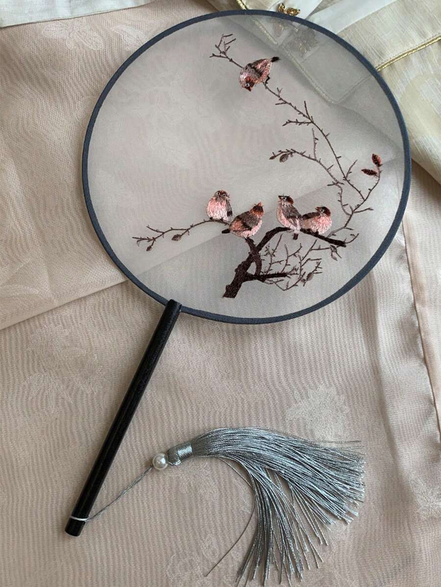 KAQILIAN 1pc Round Shape Single Side Embroidery Bird Decor Fan With Long Handle And Tassel For Vintage Chinese Style - Multicolor - View 1
