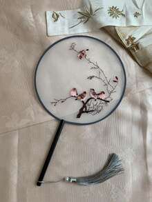 KAQILIAN 1pc Round Shape Single Side Embroidery Bird Decor Fan With Long Handle And Tassel For Vintage Chinese Style - Multicolor - View 3