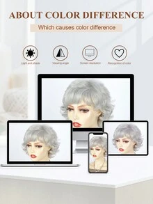 白人女性短灰色卷髮假髮,灰色畢克風帶齊劉海分層合成自然髮型老太太假髮 - 淺灰色 - 查看 9