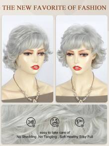 白人女性短灰色卷髮假髮,灰色畢克風帶齊劉海分層合成自然髮型老太太假髮 - 淺灰色 - 查看 7