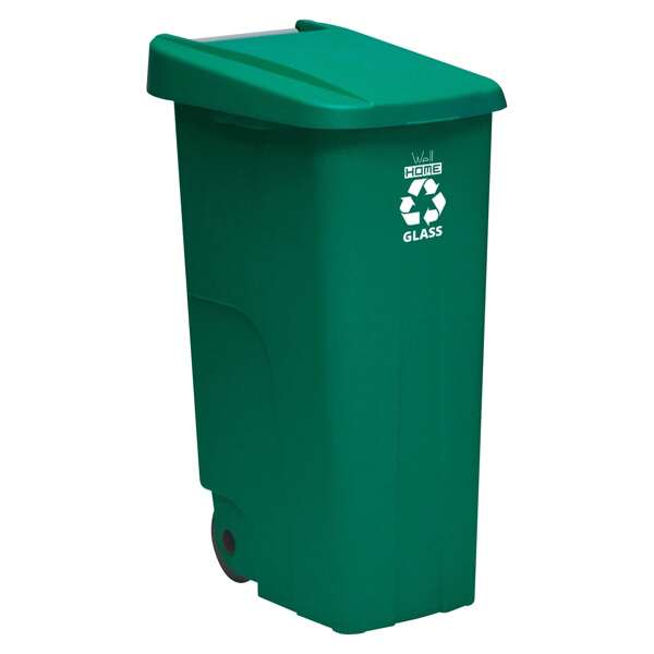 Well Home Contenedor - Cubo De Basura Wellhome Reciclo 110l, Color Verde Cerrado Con Tapa, Ideal Para Reciclaje De Vidrio, Con Ruedas. (trash Container - Wellhome Reciclo 110l Trash Can, Closed Green With Lid, Ideal For Glass Recycling, With Wheels)