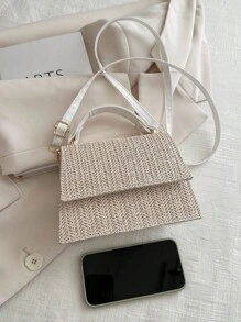 1pc Fashionable Embroidery Woven Simple Design Flip Mini Handbag - Beige - View 8