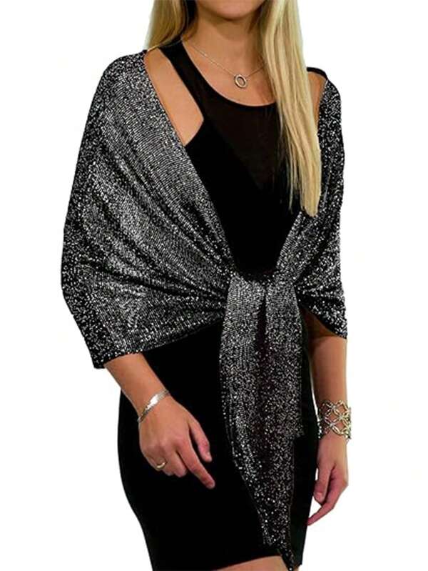 1 pieza Chal de noche negro brillante y plateado, accesorio formal para bailes, bodas, damas de honor, Día de San Valentín