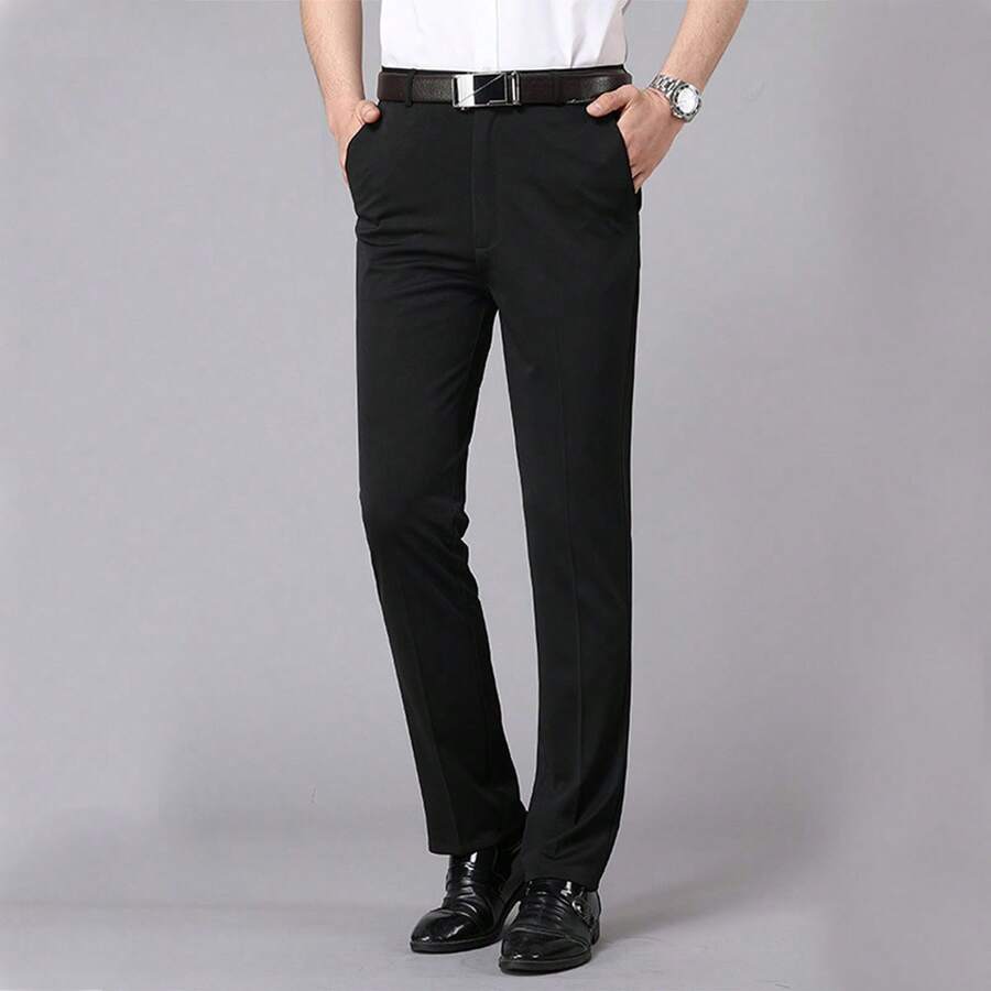 Men's Ice Silk Suit Pants Non-Ironing Anti-Wrinkle High Elastic Summer Breathable Trousers Men's Slim Fit Dress Pants Flat Front Tapered Men's Stretch Trousers, Men's High Elastic Classic Pants, Breathable Pants - Black - View 1
