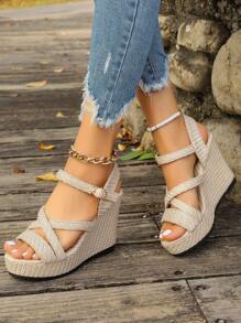 夏季新款女士编织厚底凉鞋，交叉绑带，露趾踝带高跟鞋，厚底露趾凉鞋，厚底高跟凉鞋，尺码 35-43（偏小一码） - 米色 - 查看 6