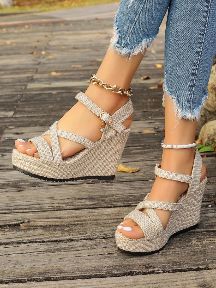 夏季新款女士编织厚底凉鞋,交叉绑带,露趾踝带高跟鞋,厚底露趾凉鞋,厚底高跟凉鞋,尺码 35-43(偏小一码) - 米色 - 查看 1