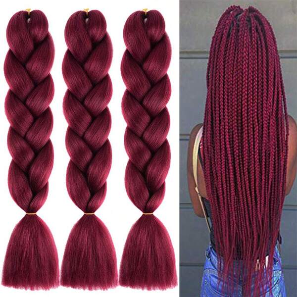 Trecce di capelli estensioni 24 pollici 1 pezzo per donne Extension sintetica di capelli Jumbo Ombre per acconciature ad uncinetto Impostazione ad acqua calda (24 pollici, rosso vino)