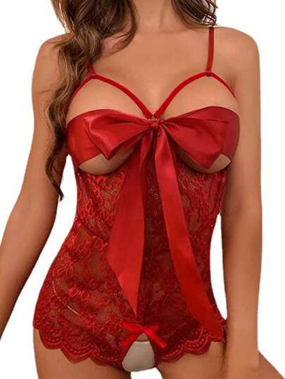 1pc Verleidelijke Lingerie Kanten See Through Open Crotch Bodysuit, Baddie Look view 3