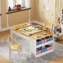 AYYDS Children's Table With Storage Space And 2 Chairs, Craft Table & Learning Table, Children's Painting Table With Tilting Tabletop, Children's Seating Group, Children's Furniture Set Made Of Wood, Painting Table, Table For Children, 110 * 62 * 53.4CM, White And Yellow
