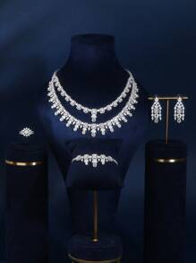 4pcs Silver Color Fashionable Cubic Zirconia Double Layered Simple Necklace, Earrings, Bracelet, Adjustable Ring Suit For Women's Daily Wear - Silver - View 5