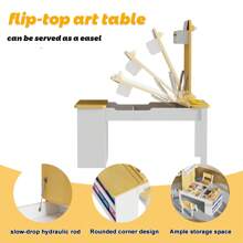 AYYDS Children's Table With Storage Space And 2 Chairs, Craft Table & Learning Table, Children's Painting Table With Tilting Tabletop, Children's Seating Group, Children's Furniture Set Made Of Wood, Painting Table, Table For Children, 110 * 62 * 53.4CM, White And Yellow