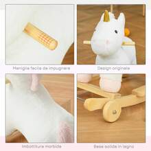 Cavallo a Dondolo 2 in 1 a Unicorno con Base Curva e Ruote, Suoni Integrati e Rivestimento Peluche, 63x38x63cm, Bianco - Bianco - Visualizzare 6