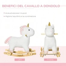 Cavallo a Dondolo 2 in 1 a Unicorno con Base Curva e Ruote, Suoni Integrati e Rivestimento Peluche, 63x38x63cm, Bianco - Bianco - Visualizzare 9