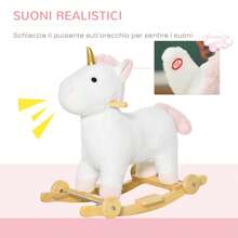 Cavallo a Dondolo 2 in 1 a Unicorno con Base Curva e Ruote, Suoni Integrati e Rivestimento Peluche, 63x38x63cm, Bianco - Bianco - Visualizzare 8