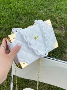 1pc Solid Color PU Leather Quilted Handbag, Women Small Square Bag, Clutch Wallet With Metal Lock Chain, Shoulder Bag, Hard Case Box, Suitable As Gift