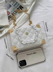 1pc Solid Color PU Leather Quilted Handbag, Women Small Square Bag, Clutch Wallet With Metal Lock Chain, Shoulder Bag, Hard Case Box, Suitable As Gift