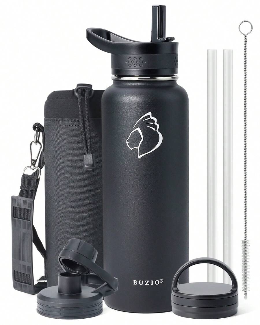 BUZIO Leakproof Insulated Water Bottle With 3 Caps, Double Wall Stainless Steel Modern Simple Thermo Flasks With Carrying Pouch