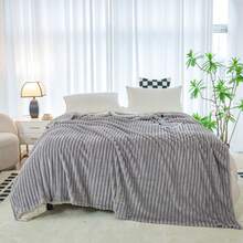 1pc Light Gray Wide Striped Flannel Throw Blanket (Polyester Fiber), Modern Solid Color Minimalist Style Suitable For Warm Travel And Home, Pet Blanket For Dogs And Cats