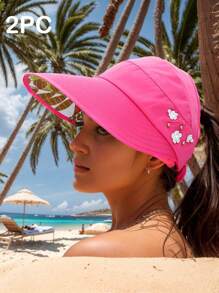 1 pezzo Nuovo cappello da secchio alla moda per donne, da viaggio e all aperto, con protezione solare, a tesa larga e pieghevole, con foro per la coda di cavallo, decorato con perle finte e motivo a foglie, adatto per uso casual quotidiano