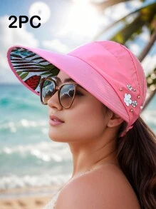 1 pezzo Nuovo cappello da secchio alla moda per donne, da viaggio e all aperto, con protezione solare, a tesa larga e pieghevole, con foro per la coda di cavallo, decorato con perle finte e motivo a foglie, adatto per uso casual quotidiano
