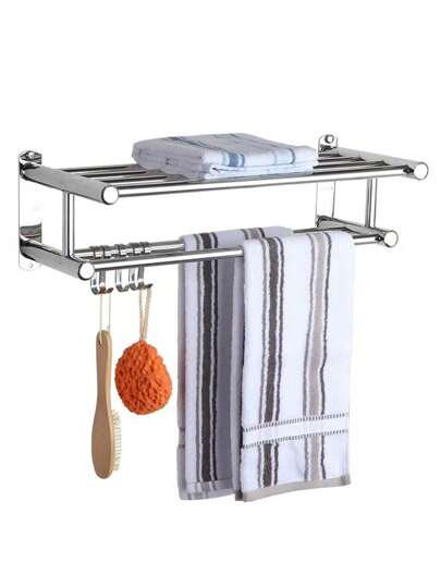 1pc 50cm Long Thickened 304 Stainless Steel Towel Rack, Bathroom Towel Shelf With Drilling/No-Drilling Choices, Toilet Bathroom Hardware Wall Mounted, Bathroom Accessories, Room Decor